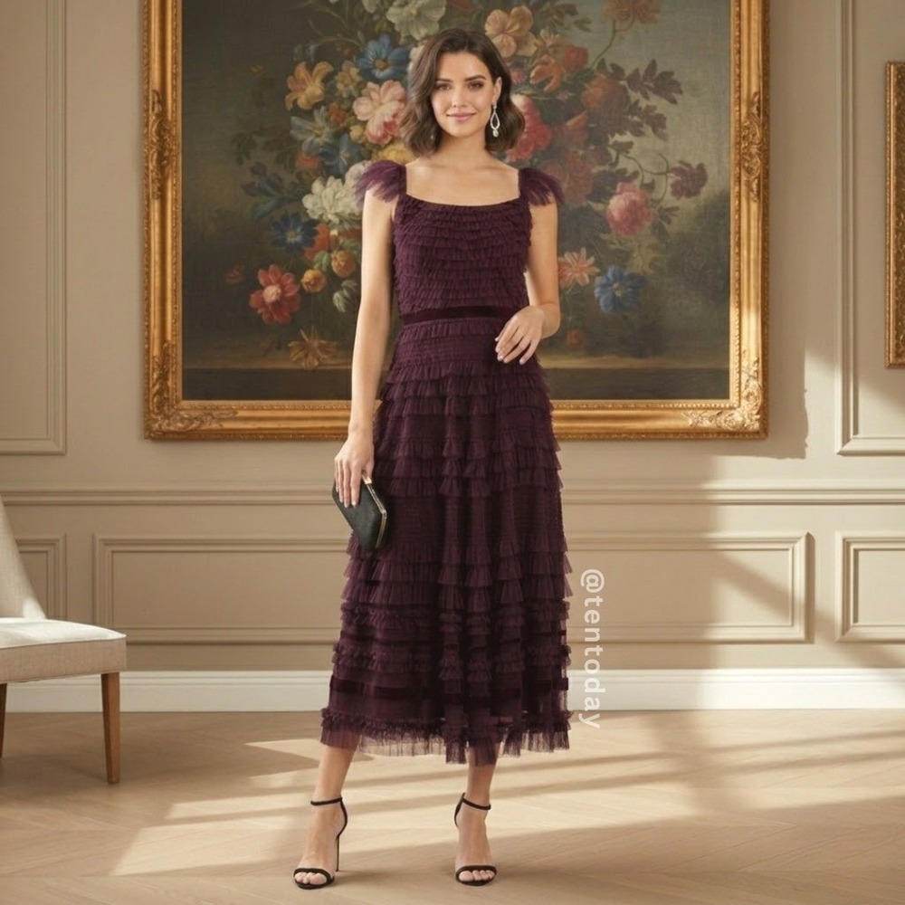 Mac Duggal 8054 Size 10 Amethyst Ruffle Tulle Cap Sleeve Tiered Party Midi Dress